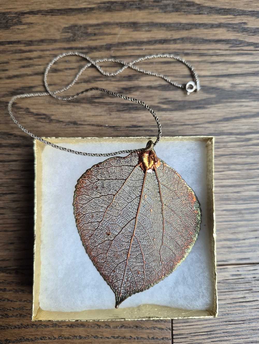 Aspen Skeleton Leaf Copper Dipped Pendant On 925 Silver Chain Necklace